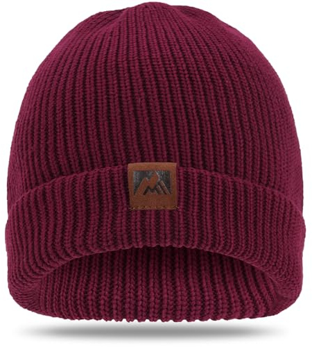 ricema Beanie Mütze Herren Damen, Winter Warme Strickmütze mit Fleecefutter, Weiche Dehnbare Wollmütze Thermo Laufmütze mit Bündchen, Stylische Wintermützen Geschenk,Rot