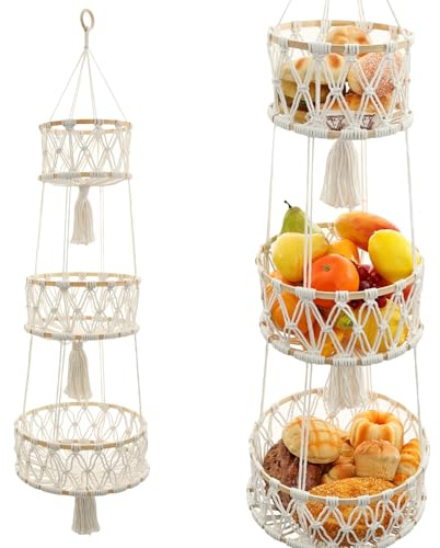 HuhWafee ﻿Hängende Obstkörbe, 3 Stöckiger Obst Hängekorb,Obstkorb Wand, Aufbewahrung, Handgewebte Hängende Aufbewahrungskörbe für Küche, Wohnzimmer, Badezimmer, Schlafzimmer (rund)