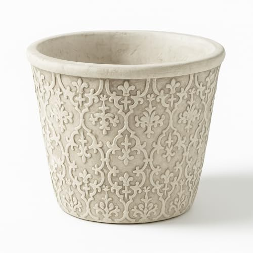 STUWU Blumentopf aus Zement 17,5 cm – Schwerer Pflanztopf im Antik Ornament Design – Vintage Übertopf für Blumen & Pflanzen – Landhausstil Deko Indoor Outdoor – Frostfest & Stabil