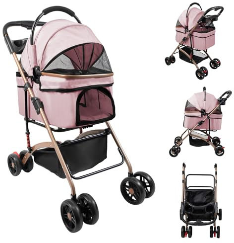 Hundewagen 3 in 1 Faltbarer Hundebuggy, Hundewagen, Kinderwagen für kleine Hunde, Katzen, Abnehmbarer Korb, Tragbarer Kinderwagen, Netzfenster, Oxfordstoff, Bis 20kg (Rosa)