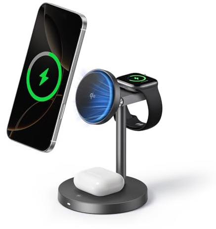 EcoFlow 3 in 1 Qi2 Magsafe Apple Ladestation mit Verstellbarer Ständer, Kabellose iPhone Ladestation Magnetisches Kabelloses Ladegerät 15W für iPhone 17/16/Series, Apple Watch und AirPods, Schwarz