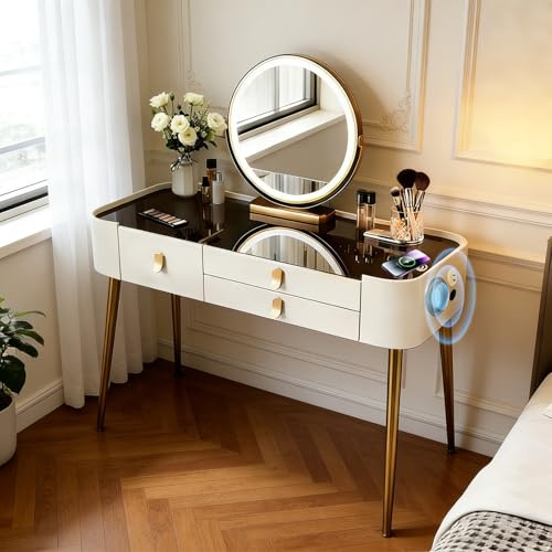 Glass Top Dressing Table with Mirror White 100CM Vanity Desk with Wireless Charging Vanity Makeup Table Set with Bluetooth Speaker Vanity Table with Drawers (White and Gold, Brown Glass Top, 100CM)