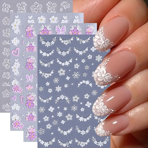 Nymora 4 Sheets Flower Nail Stickers for Nail Art Embossed Floral Butterfly Nail Decals Self-Adhesive Heart White Small Flower Nail Design Spring Summer Floral Nail Supplies for Women Party