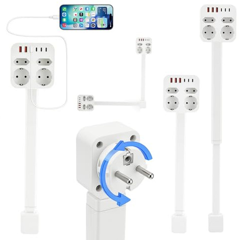 Regleta de enchufes extensible rectangular - Alargador de enchufes - Barra extensible (47-67 cm) - 4 tomas - Carga rápida USB-A y USB-C - Para el hogar y la oficina