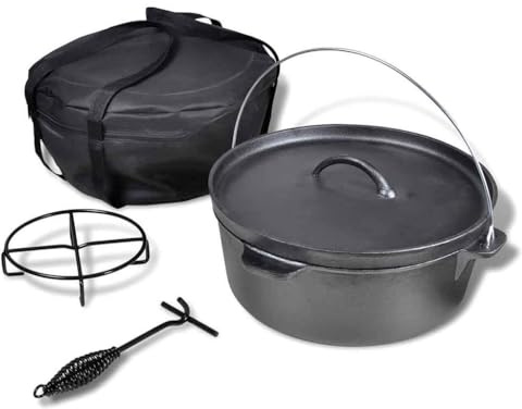 LoogCape Dutch Oven 11.3L Cast Iron with Lid, Carry Bag and Stand for Cooking Baking Roasting on Induction Gas Hob Ceramic Hob Oven Safe