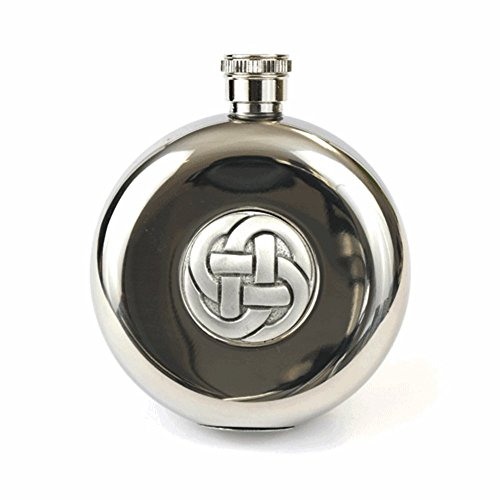 GM Belts 5oz Round Hip Flask Antique Finish Celtic Knot Pewter Detail With Tot Cups