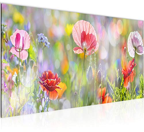 Runa Art Wandbild Blumen Mohnblumen 1 Teilig 100 x 40 cm Modern Bild auf Vlies Leinwand Blumenwiese Natur Wohnzimmer Bunt 007512a