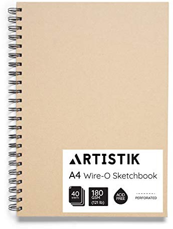 A4-Skizzenbuch - (Packung mit 1, 80 Seiten,40 Blatt) Wiro-O-Portrait-Zeichenblock für schwere Mischtechnik mit perforiertem säurefreiem 180-g-m-Papier und Kraftumschlag-Skizzenbuch