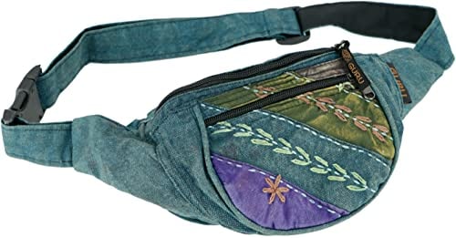 GURU SHOP Bestickte Ethno Sidebag, Nepal Gürteltasche - Petrol, Unisex - Erwachsene, Baumwolle, 15x20x8 cm