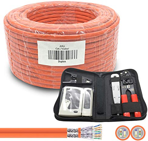ARLI CAT 7 Verlegekabel 100m Duplex Netzwerkkabel + Werkzeugset Werkzeug Set Crimpzange + LSA Anlegewerkzeug + Tester + Messer Twin Installationskabel Kabel Netzwerk Verkabelung Datenkabel CAT7 Duo