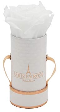 PARIS EN ROSE Rosenbox DELUXE | mit einer weißen Infinity Rose Größe XL | konservierte ewige Rose | runde Weiß-Roségoldene Box | 3 Jahre haltbar | Grußkarte