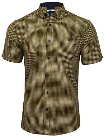 Xact Men's Gingham Check Shirt with Button-Down Collar - Short Sleeved (Mustard/Navy) L