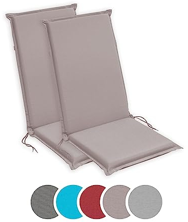 sleepling Hochlehner Auflagen 2er Set, Bequeme Gartenstuhlauflagen, Sitzauflagen Gartenmöbel 120x50 cm, 6 cm dick, waschbar, Befestigungsbänder, Taupe