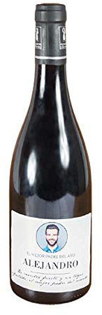 Botella de vino elegante personalizada con título, año, dedicatoria y foto