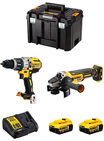 DeWALT Kit DWK221 (Taladro Percutor DCD996 + Mini-Amoladora DCG405 + 2 Baterías de 5,0 Ah + Cargador + TSTAK VI)