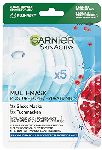 Garnier Feuchtigkeitsspendende Tuchmasken für trockene Haut, Mit Hyaluronsäure und Granatapfel, Hyaluron Gesichtsmasken im wiederverschließbaren Multi-Pack, SkinActive Hydra Bomb, 1 x 5 Masken