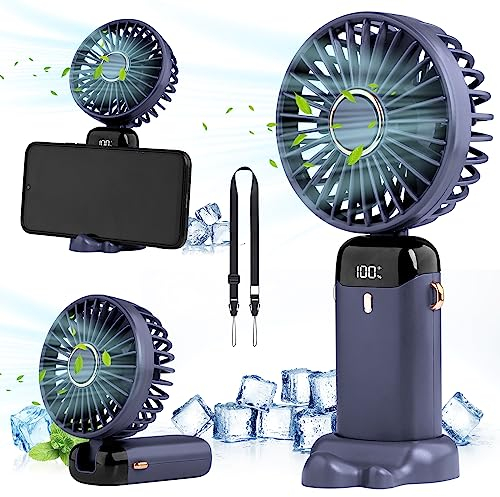 Handheld Fan Portable Mini Fan, Foldable Hand Fan with USB Rechargeable, Pocket Fan Has 6 Wind Speeds, Lanyard and Base, Electric Desk Fan with LED Display Travel Fan for Office, Outdoor, School