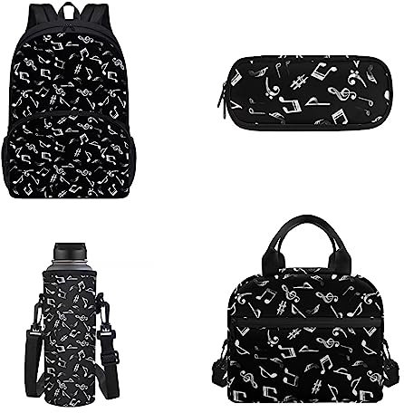 Belidome 4 PCS Music Symbols Casual Travel Bookbags Set 17 Inch Laptop Tote Bag Carry on Backpack Lunch Box Drinking Bottle Pencil Case for Travel
