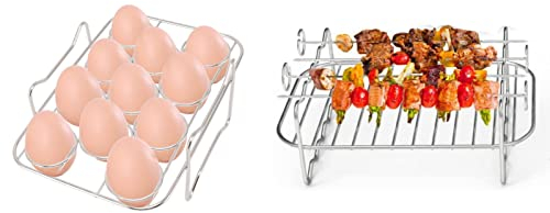 Jiawu Air Fryer Rack, Set of 3 304 Stainless Steel Multi-Layer Rack with Skewer & Egg Rack, Air Fryer Accessories Compatible with Foodi Double Boiler and Dual Basket Fryer