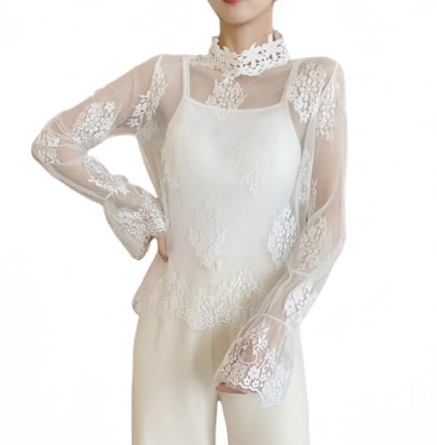 SamHeng Women's Long Sleeve Tops Floral Lace Mock Neck T-Shirt See Through Mesh Loose Blouses for Women UK, White/XL