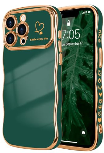LCHULLE for iPhone 13 Pro Case for Women Girls,Cute Curly Wave Frame Shape Love Heart Pattern Phone Case,Raised Camera Protection Luxury Plating Shockproof Cover for iPhone 13 Pro 6.1,Dark Green