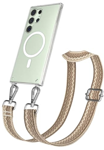 EAZY CASE Handykette - Verstellbares Taschenband kompatibel mit Galaxy S24 Ultra, Schulterriemen, Handykordel Silikon, Qi Charging kompatibel, Umhängetasche, Wellen - Hell Braun Braun Metall Silber