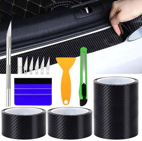 Carbon Folie Auto, Auto Einstiegsleisten Schutz(5x500cm+10×300cm), 3D Carbon Folie Selbstklebend, Kratzfeste Lackschutzfolie mit Abstreifer Tranchiermesser, Lackschutzfolien Schwarz für Auto Fahrrad