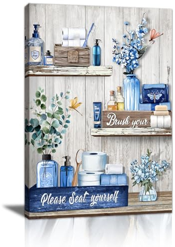 Baño Rústico Azul Marco de Madera Cuadros, Vintage Por favor Asiento Usted mismo Cartel Cuadros Decoracion Salon Pintura Lienzos Decorativos Para Pared Comedor Dormitorio Listo para colgar 60x40cm