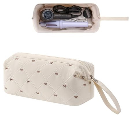 RSRSLEII Large Quilted Hair Tools Travel Bag with Bow Pattern,Waterproof Hair Styling Accessories Storage Case for Shark FlexStyle, Dyson Airwrap Hair Dryer, Curling Iron, Revlon Hair Tools, 03Beige