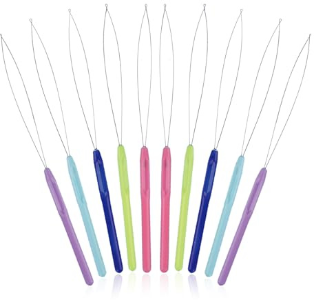 Hawpasy 10PCS Multicolored Hair Extension Loop Needle Tool Kit with Plastic Handle and Metal Needle, Nano Bead Threader Tool for Micro Link Feather Extensions