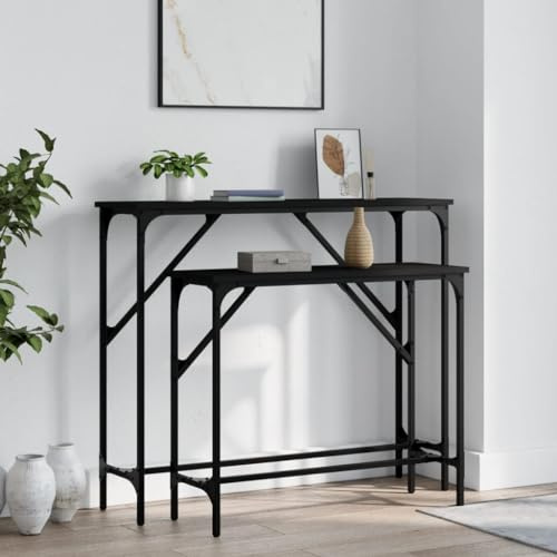 XHNIFBN Lot de 2 tables consoles en bois/métal noir 95 x 26 x 80 cm et 75 x 26 x 63 cm pour couloir, salon, chambre à coucher avec support mural