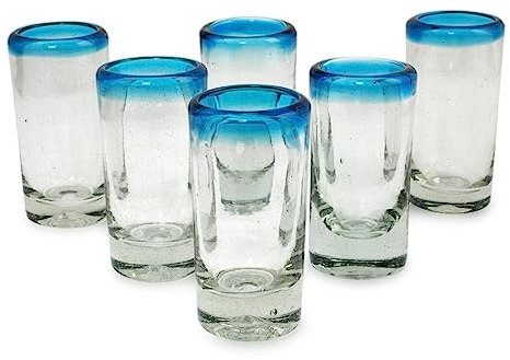 NOVICA Vasos de chupito de vidrio reciclado con borde azul transparente soplado a mano, 3 onzas, aguamarina (juego de 6)