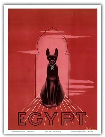 Egypt - Bastet (Bast) the Ancient Egyptian Black Cat Feline Goddess - Vintage Travel Poster by M. Azmy c.1947 - Master Art Print (Unframed) 9in x 12in