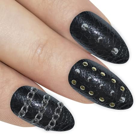 Bling Art Almond False Nails Fake Stiletto Punk Black 24 Long Acrylic Tips Glue