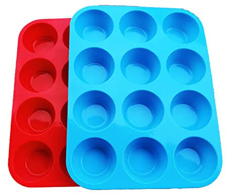 Muffinform aus Silikon, antihaftbeschichtet, Muffinform für Muffins und Cupcakes, Silikonform, Backzubehör, 12 x Muffinformen (12 rot + blau)