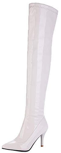 LUXMAX Stivali sopra al Ginocchio Donna in Vernice Tacco Alto Spillo a Punta Scarpe Tacchi Alti con Cerniera (Bianco) - 36 EU