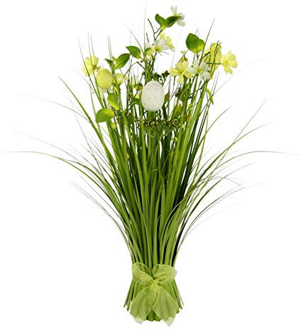 Grasbusch mit Blumen, Blüten, Eier und Schleife, Künstlicher Gras Bund stehend, Grasbündel, Dekogras, Kunstgras, Ziergras, Grasbüschel, Grasarrangement, Gräser, Schilf, Osterdeko, Frühjahrsdekoration
