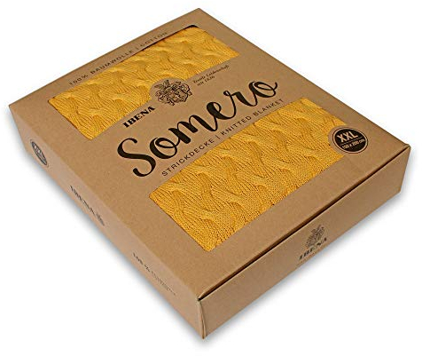 Ibena Somero Strickdecke 150x200 cm - 100% Baumwolle weich, warm & waschbar, Deko Strick Decke einfarbig gelb
