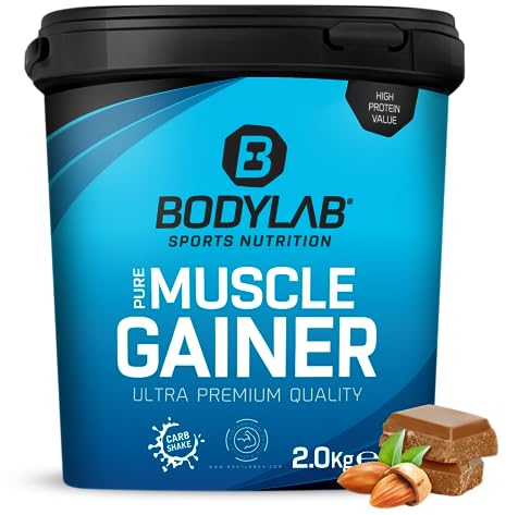 Bodylab24 Pure Muscle Gainer Haselnuss-Kakao 2kg, je 100g 33g natürliche Kohlenhydrate, 40g Protein und 12g Fett, angereichert mit Kreatinmonohydrat, perfekter Weight Gainer Shake für den Masseaufbau