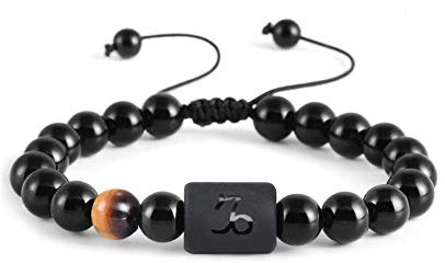 BUREI Zodiac Bracelet for Men Women，8mm Natural Black Onyx Stone Zodiac Signs Bracelet Star Sign Constellation Capricorn scorpio Libra Horoscope Bracelet Gifts For Capricorn
