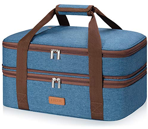 LHZK Double Decker Insulated Casserole Carrier for Hot or Cold Food, Expandable Hot Food Carrier, Lasagna Holder Tote for Potluck Parties, Picnic, Beach, Fits 9x13 Baking Dish (Blue)