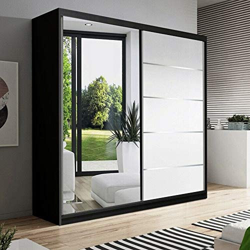 Modern Sliding Door Wardrobe with Built in Mirror for Bedroom or Living Room (150cm Wide) - Matt Black & Matt White