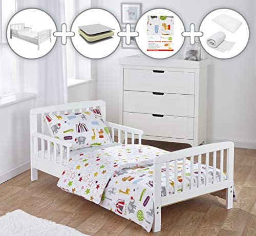 ELEGANT BABY Complete 7 Piece Kids White Toddler Bed Bundle with Kinder Flow Mattress and Circus Friends Reversible Bedding Set | Junior and Children's Bed