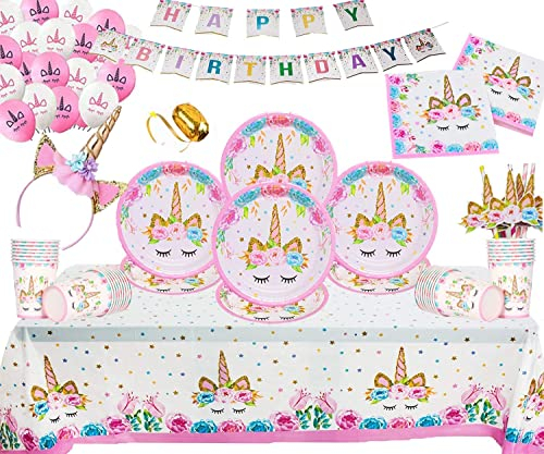Unicorn Party Birthday Decoration Set Unicorn Paper Plates Cups Napkins Tablecover Birthday Banner Paper Straws-Serves 16 Guests