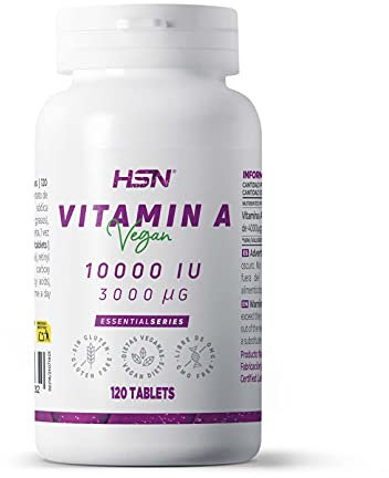 Vitamina A 10000 UI de HSN | 120 Tabletas - Alta Dosis = 3000 MCG - Pura Vitamina A procedente de Acetato de Retinol Esterificado de Máxima Estabilidad | No-GMO, Vegano, Sin Gluten