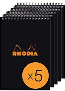 Rhodia 165019C - Packung mit 5 Notizblöcken Notepad, mit Doppelspirale, 80 Blätter liniert 80g, Schwarz, 1 Pack