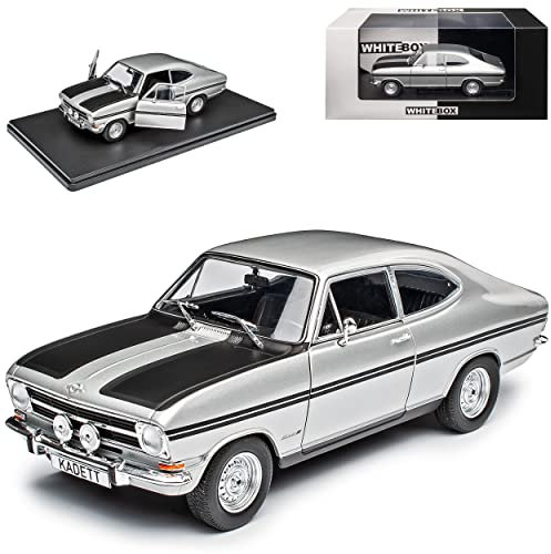 NEW Opel Kadett B Coupe Rallye 3 Türer Silber mit Schwarz 1965-1973 Mit Sockel 1/24 Whitebox Modell Auto mit individiuellem Wunschkennzeichen