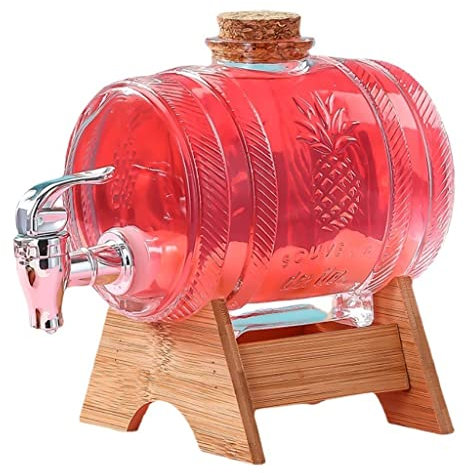 GTGX HK Glasgetränkspender mit Hahn, 1 Liter Drinkgeglas mit Zapfen, Deckel und Holzständer for heiße oder kalte Getränke, Schlag, Eiswasser for Partys