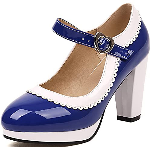 Cocey Damenmode Mary Jane Schuhe mit Hohem Blockabsatz und Runder Spitze (Königsblau, 39)