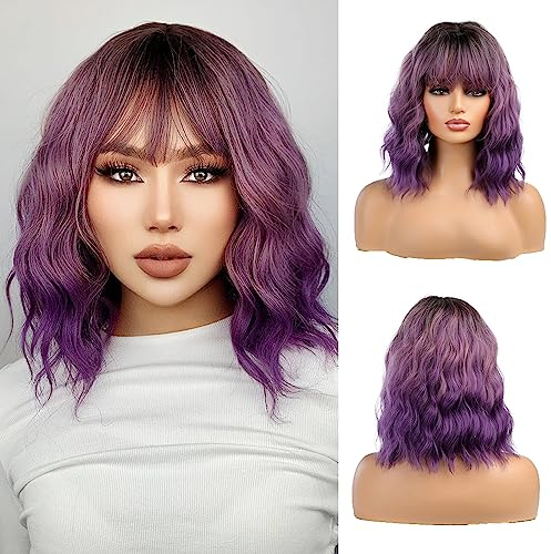 OUFEI Perruque Ombre Violet avec frange Perruques bouclées pour Femmes Courtes Perruques Ondulées Cheveux Synthétiques Perruques Résistantes à la Chaleur pour le Port Journalier Parti Cosplay